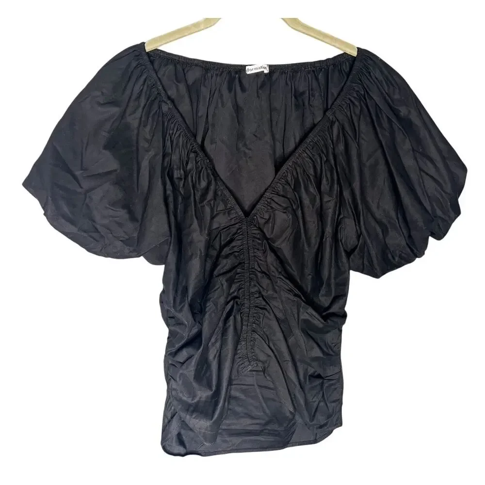 Reformation Sonny Puff Sleeve Top Size 10‎ Black Short Sleeve Ruched Blouse